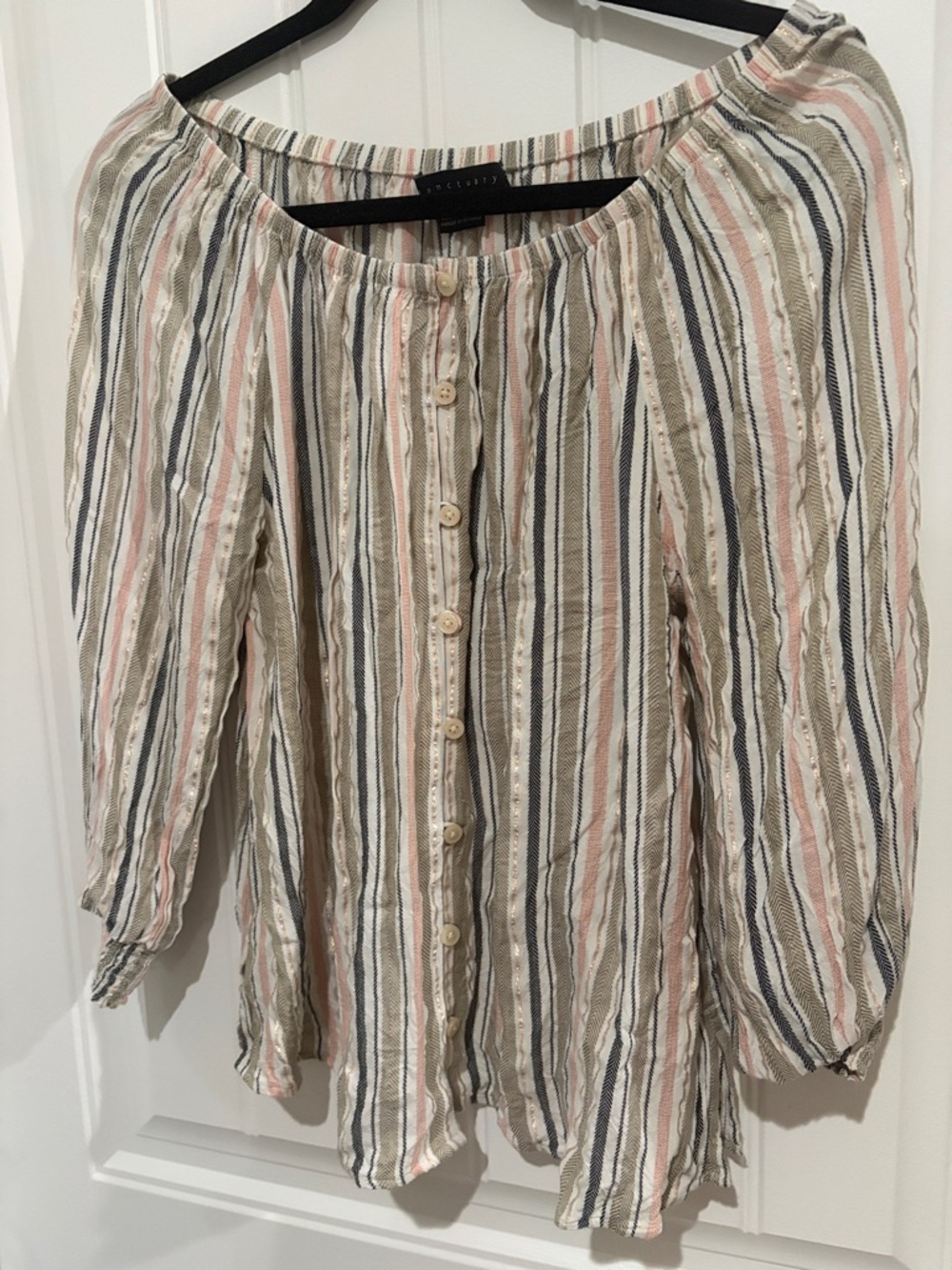 Sanctuary Button-Front Striped Off-Shoulder Blouse in Cream, Pink & Blue